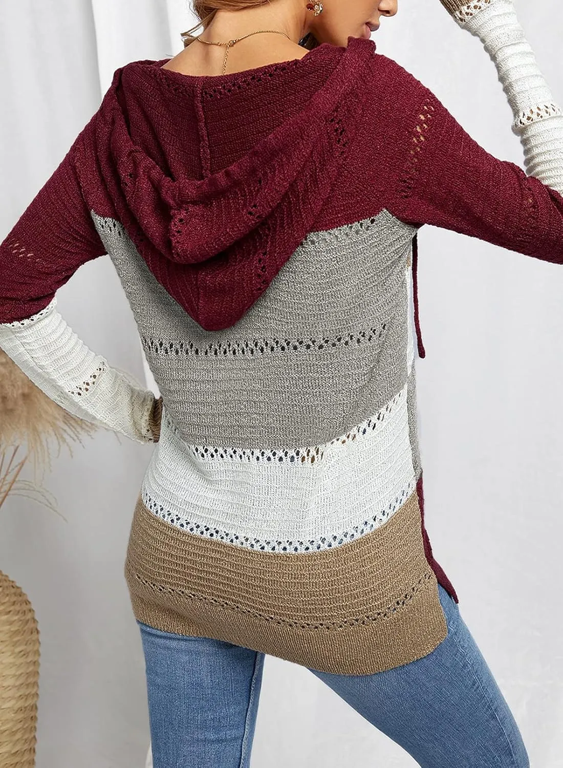 FEKOAFE Women's 2025 Fall Striped Color Block Hoodies Fashion V Neck Knit Sweater Pullovers