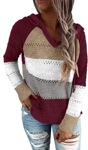 FEKOAFE Women's 2025 Fall Striped Color Block Hoodies Fashion V Neck Knit Sweater Pullovers