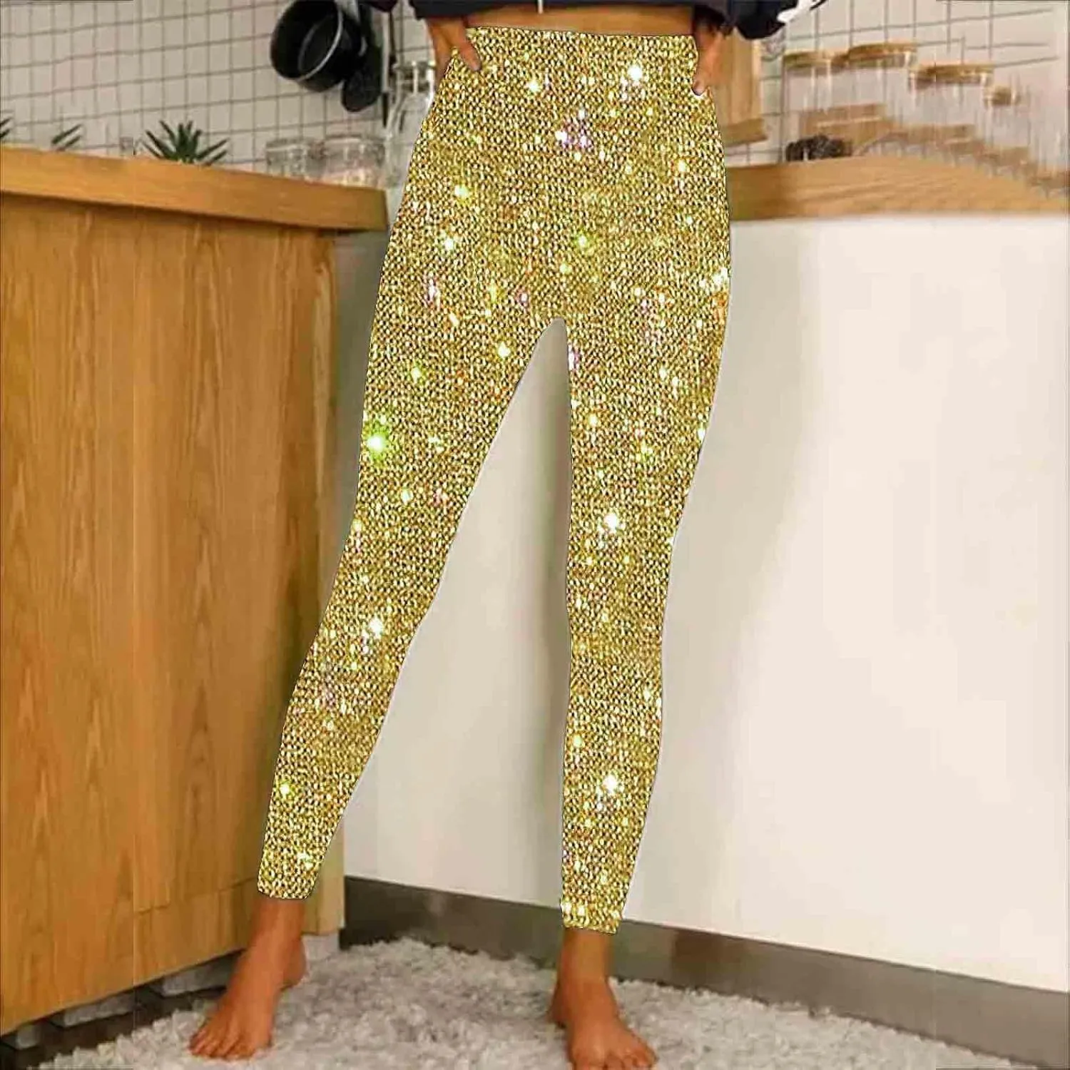 Firzero Black Leggings Women Dressy Sequin Bling Legging Joggers Elastic High Waist Pencil Pants Sparkly Skinny Trousers