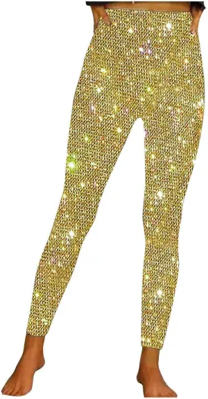 Firzero Black Leggings Women Dressy Sequin Bling Legging Joggers Elastic High Waist Pencil Pants Sparkly Skinny Trousers