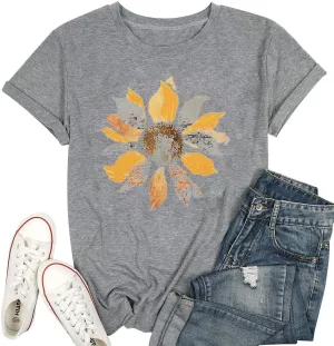 Floral Graphic Shirt Women Boho Wildflowers Tee Vintage Flower Tshirt Round Neck Loose Casual Short Sleeve Tops