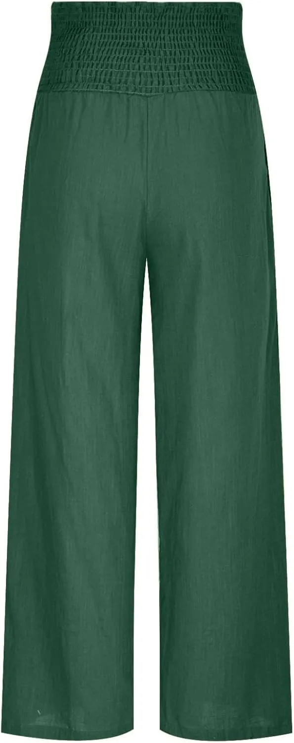 Flowy Linen Beach Pants for Women Wide Leg Pants Loose Baggy Slacks Summer Cotton High Waist Trouser with Pockets
