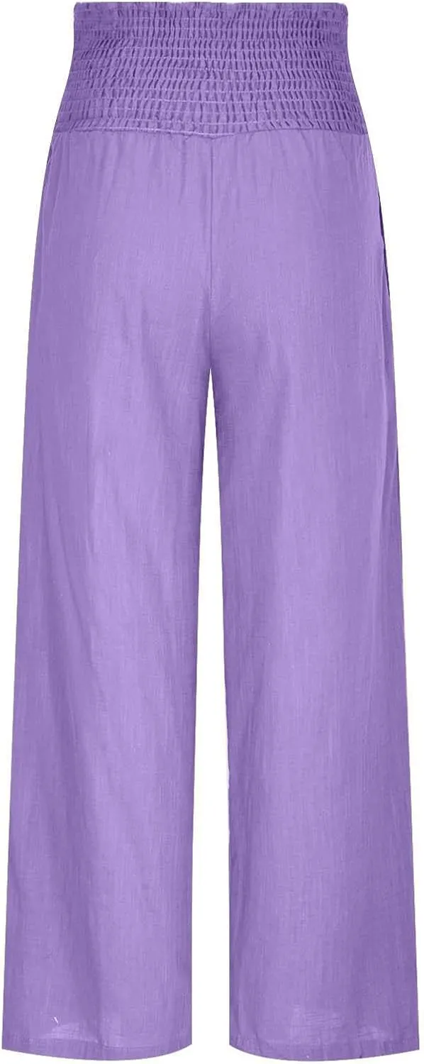 Flowy Linen Beach Pants for Women Wide Leg Pants Loose Baggy Slacks Summer Cotton High Waist Trouser with Pockets