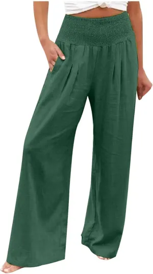 Flowy Linen Beach Pants for Women Wide Leg Pants Loose Baggy Slacks Summer Cotton High Waist Trouser with Pockets