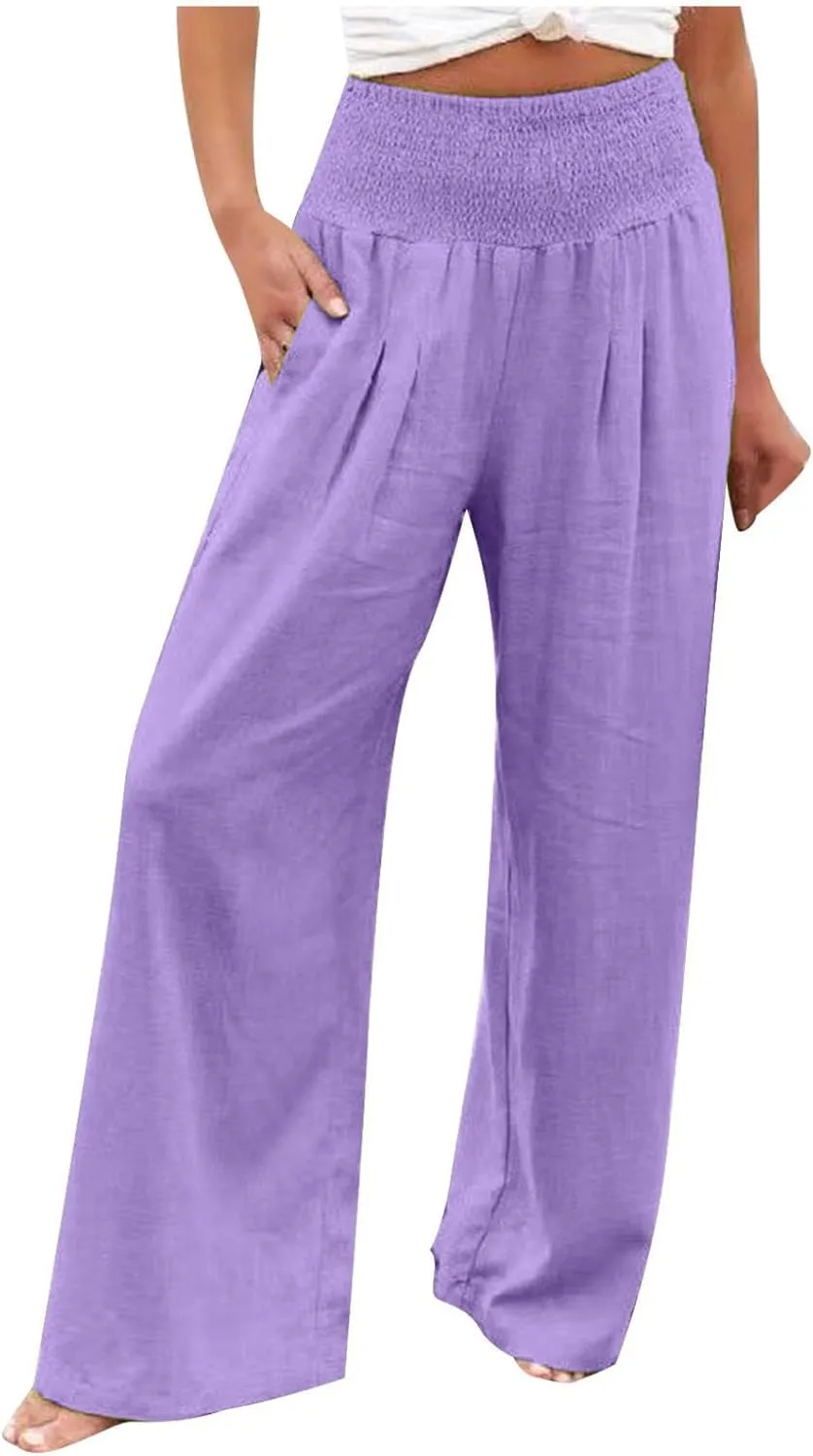 Flowy Linen Beach Pants for Women Wide Leg Pants Loose Baggy Slacks Summer Cotton High Waist Trouser with Pockets