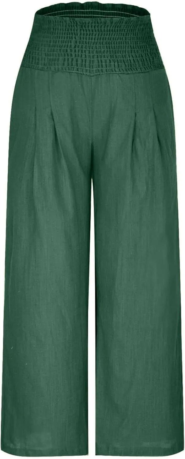 Flowy Linen Beach Pants for Women Wide Leg Pants Loose Baggy Slacks Summer Cotton High Waist Trouser with Pockets