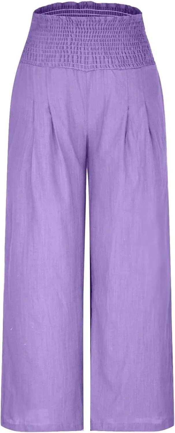 Flowy Linen Beach Pants for Women Wide Leg Pants Loose Baggy Slacks Summer Cotton High Waist Trouser with Pockets