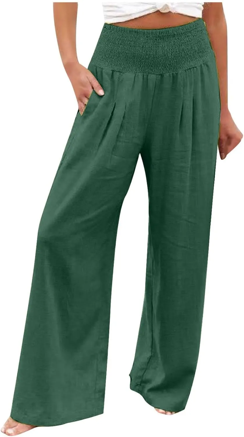 Flowy Linen Beach Pants for Women Wide Leg Pants Loose Baggy Slacks Summer Cotton High Waist Trouser with Pockets