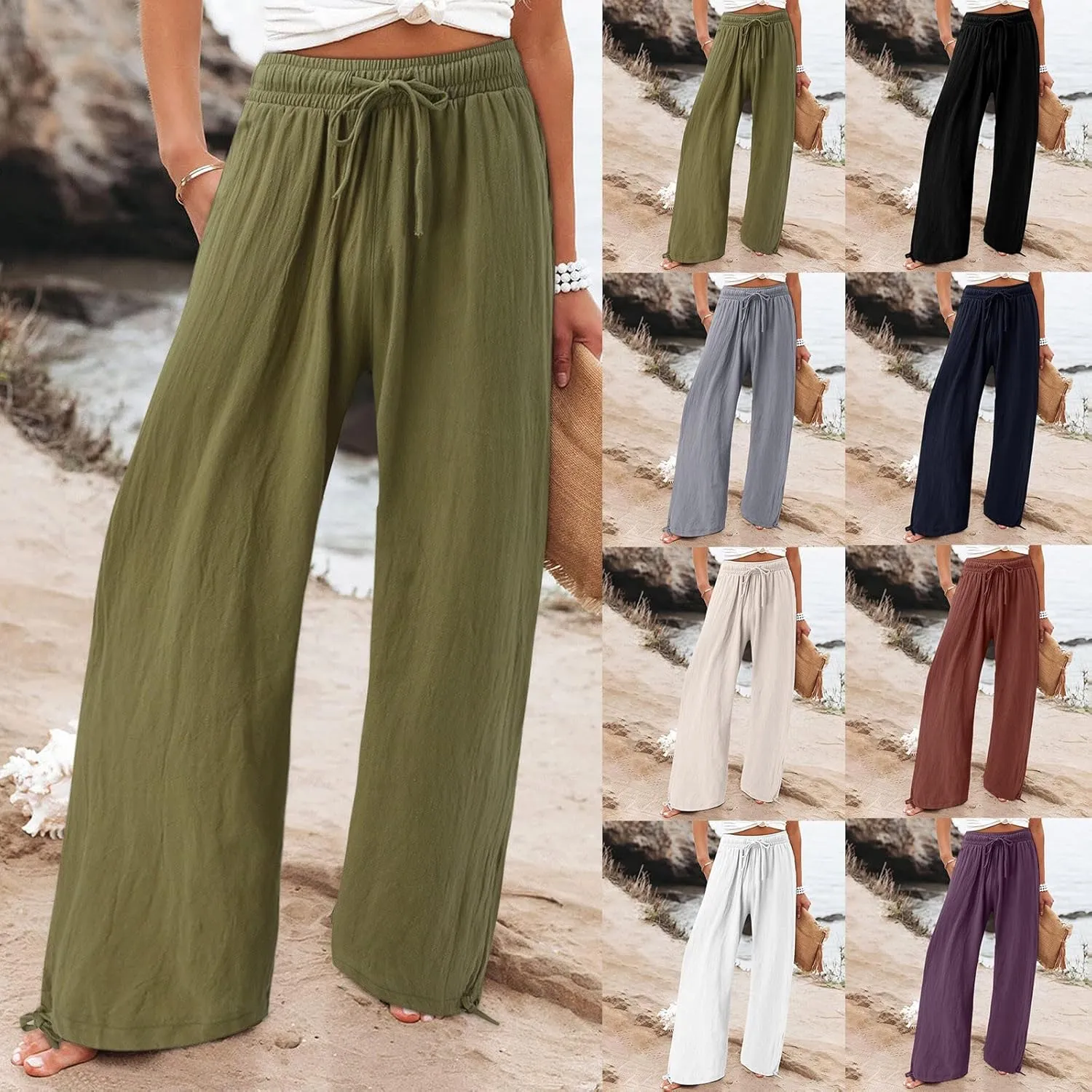 Flowy Pants for Women, Women Linen Palazzo Pants Summer Boho Wide Leg High Waist Casual Lounge Pant Trousers
