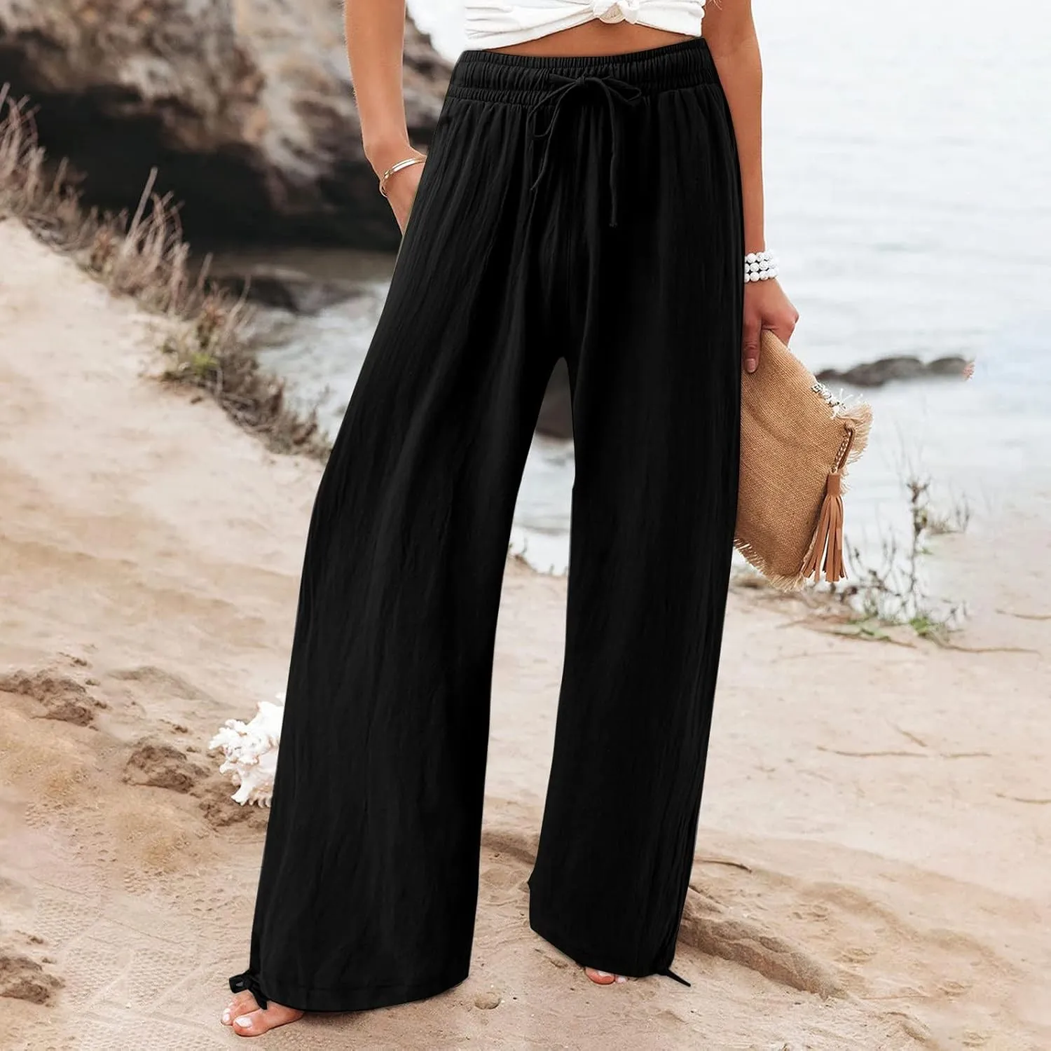 Flowy Pants for Women, Women Linen Palazzo Pants Summer Boho Wide Leg High Waist Casual Lounge Pant Trousers