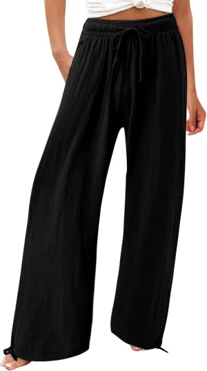 Flowy Pants for Women, Women Linen Palazzo Pants Summer Boho Wide Leg High Waist Casual Lounge Pant Trousers