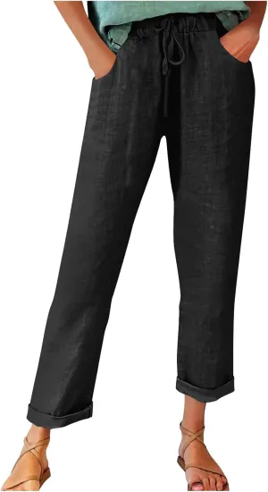 FZYLQY Cotton Linen Pants for Women 2025 Trendy Solid Elastic Waist Pants Loose Straight Leg Lounge Trousers with Pockets