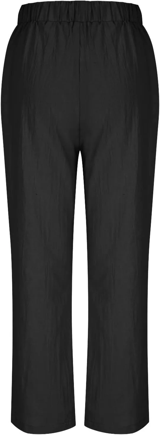 FZYLQY Cotton Linen Pants for Women 2025 Trendy Solid Elastic Waist Pants Loose Straight Leg Lounge Trousers with Pockets