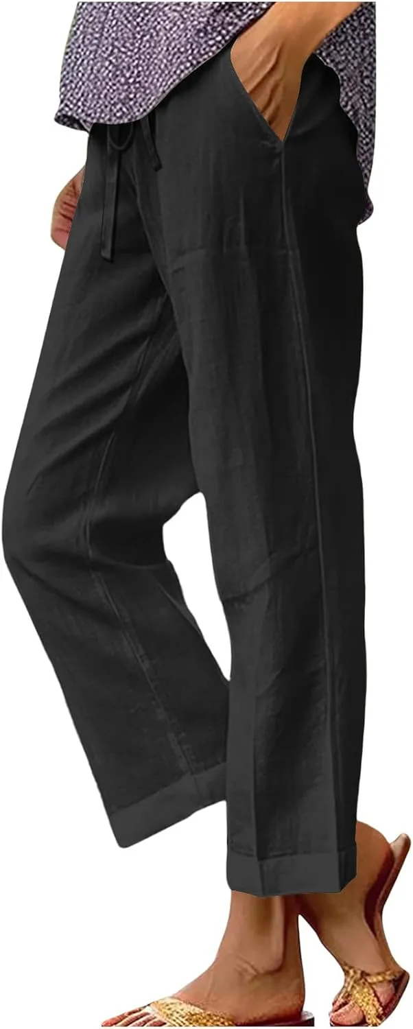 FZYLQY Cotton Linen Pants for Women 2025 Trendy Solid Elastic Waist Pants Loose Straight Leg Lounge Trousers with Pockets