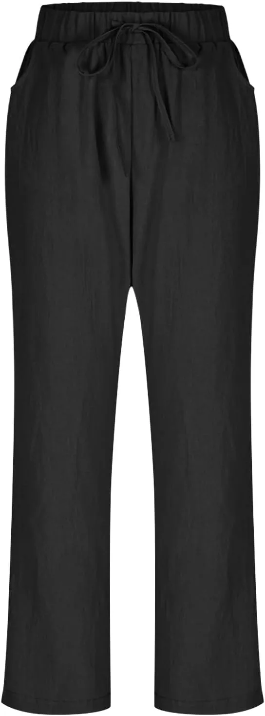 FZYLQY Cotton Linen Pants for Women 2025 Trendy Solid Elastic Waist Pants Loose Straight Leg Lounge Trousers with Pockets