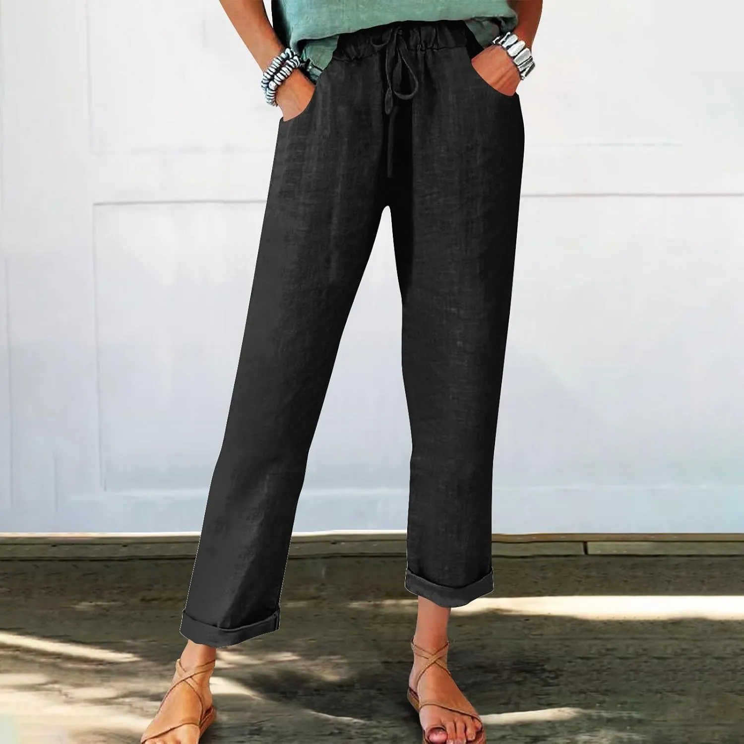 FZYLQY Cotton Linen Pants for Women 2025 Trendy Solid Elastic Waist Pants Loose Straight Leg Lounge Trousers with Pockets