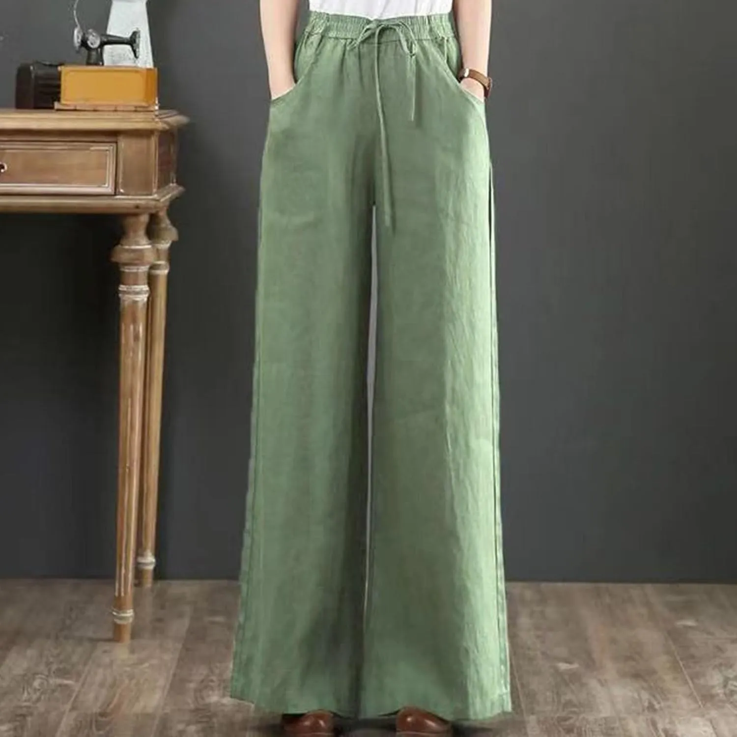 FZYLQY Plus Size Pants for Women 2025 Summer Casual Loose Fit Cotton Linen Pants High Waisted Drawstring Beach Trousers