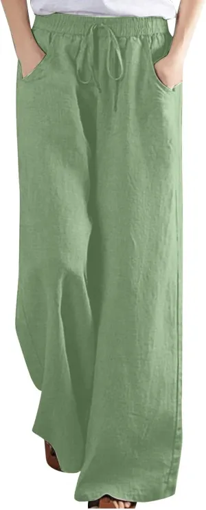 FZYLQY Plus Size Pants for Women 2025 Summer Casual Loose Fit Cotton Linen Pants High Waisted Drawstring Beach Trousers