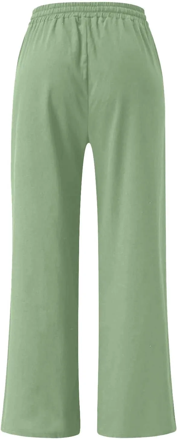 FZYLQY Plus Size Pants for Women 2025 Summer Casual Loose Fit Cotton Linen Pants High Waisted Drawstring Beach Trousers
