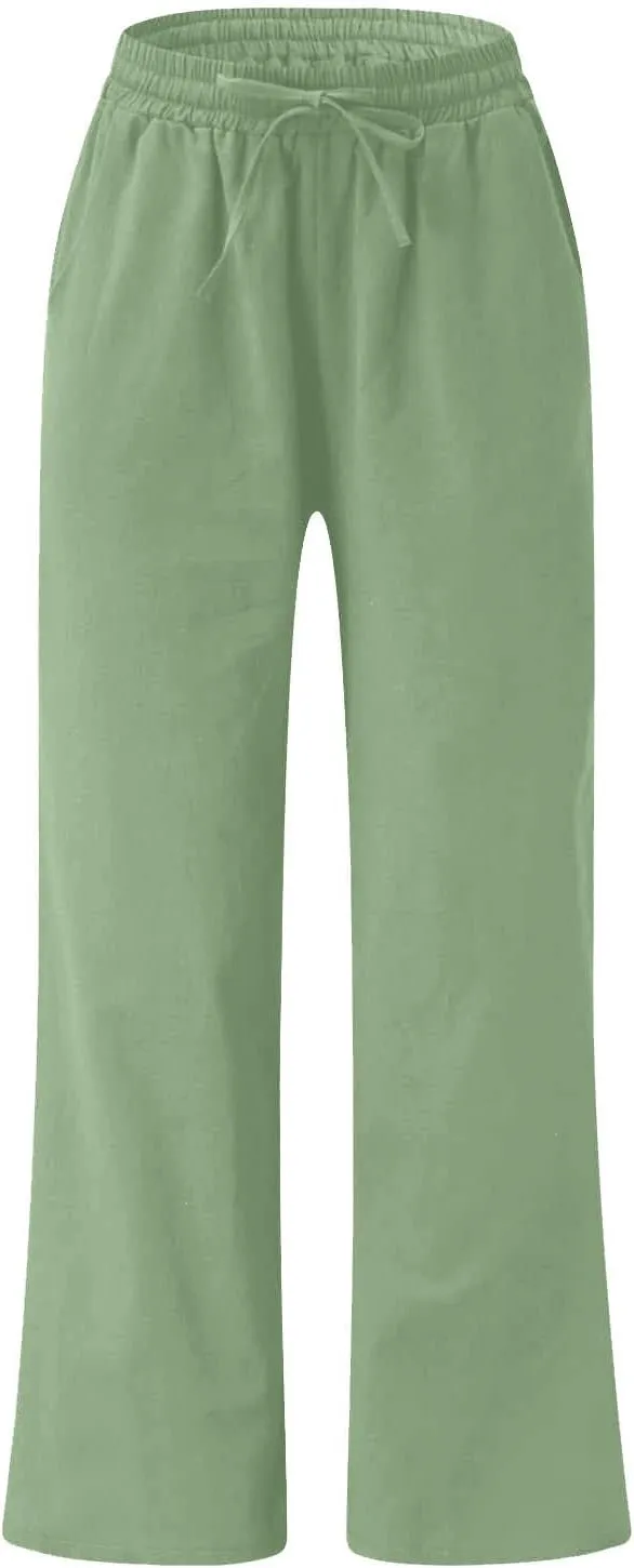 FZYLQY Plus Size Pants for Women 2025 Summer Casual Loose Fit Cotton Linen Pants High Waisted Drawstring Beach Trousers