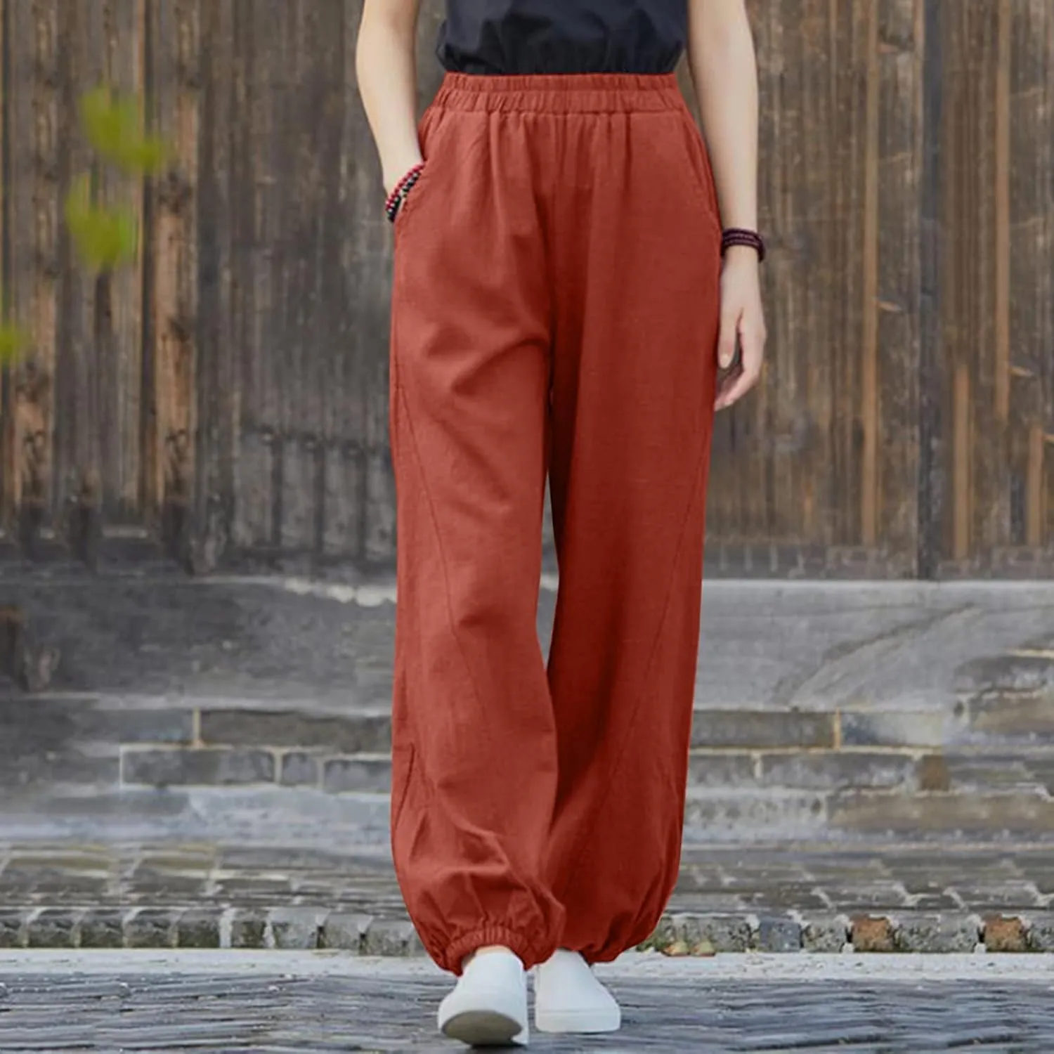 FZYLQY Women Casual Loose Linen Pants Straight Leg Elastic High Waist Parachute Pants Daily Hiking Workout Athletic Trousers