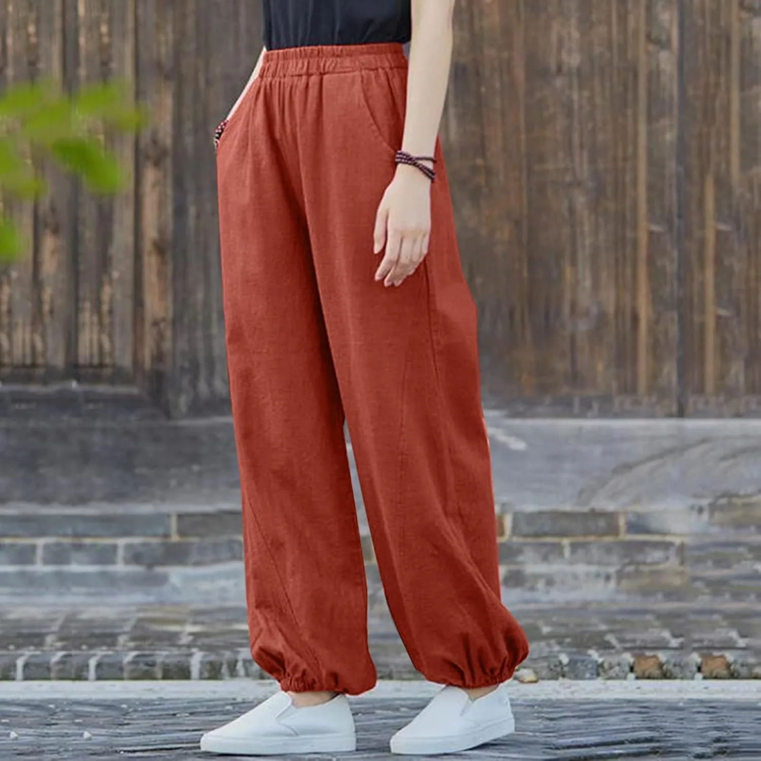 FZYLQY Women Casual Loose Linen Pants Straight Leg Elastic High Waist Parachute Pants Daily Hiking Workout Athletic Trousers