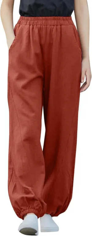 FZYLQY Women Casual Loose Linen Pants Straight Leg Elastic High Waist Parachute Pants Daily Hiking Workout Athletic Trousers
