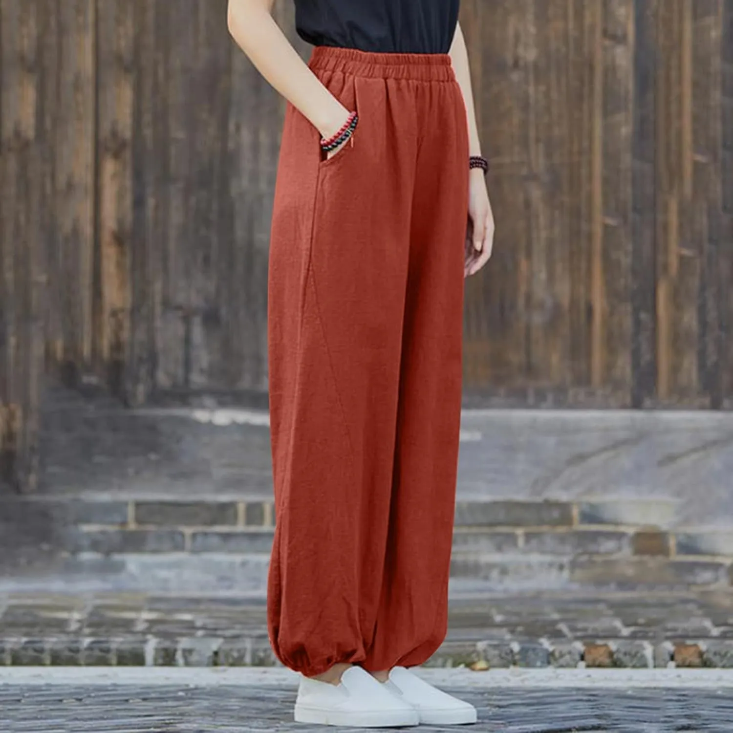 FZYLQY Women Casual Loose Linen Pants Straight Leg Elastic High Waist Parachute Pants Daily Hiking Workout Athletic Trousers