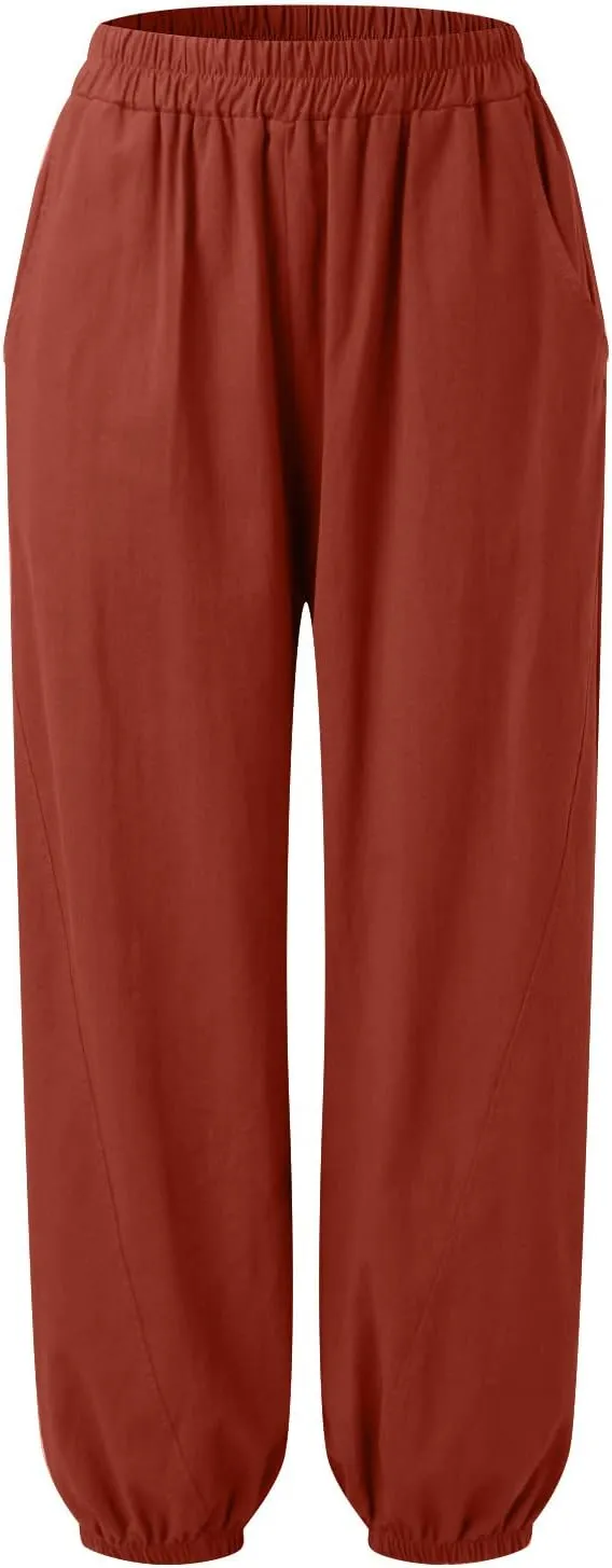 FZYLQY Women Casual Loose Linen Pants Straight Leg Elastic High Waist Parachute Pants Daily Hiking Workout Athletic Trousers