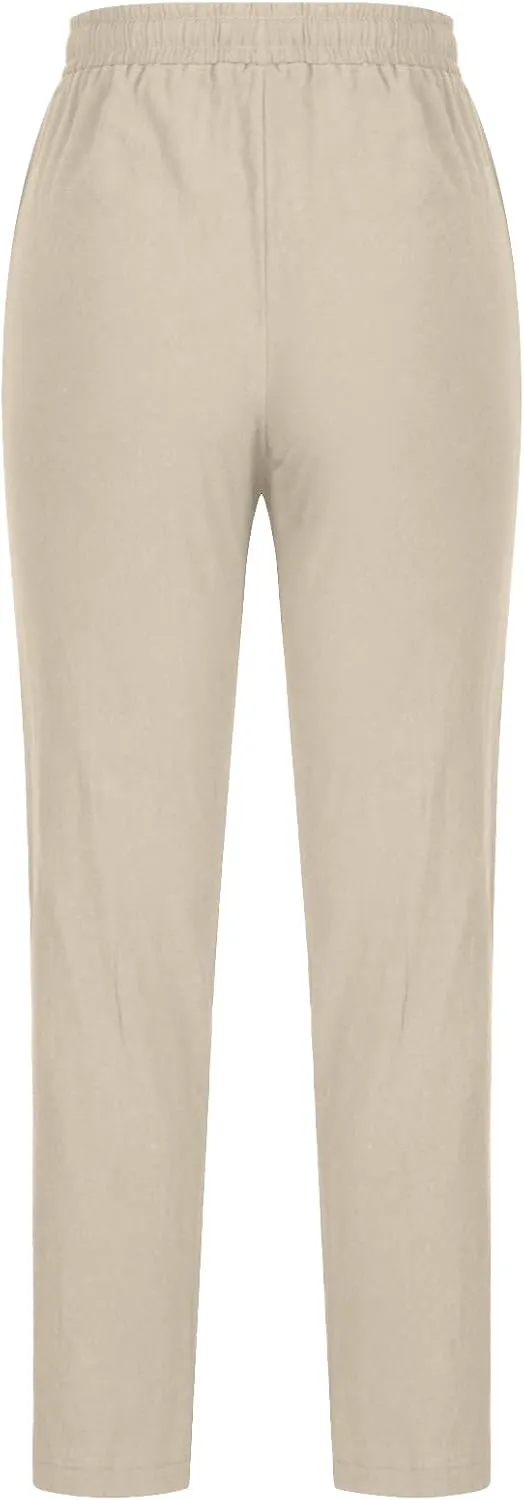 FZYLQY Womens Casual Cotton Linen Pants Lightweight Summer Relax Fit Elastic Waist Pants Plus Size Solid Lounge Trousers