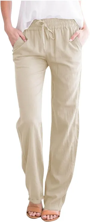 FZYLQY Womens Casual Cotton Linen Pants Lightweight Summer Relax Fit Elastic Waist Pants Plus Size Solid Lounge Trousers