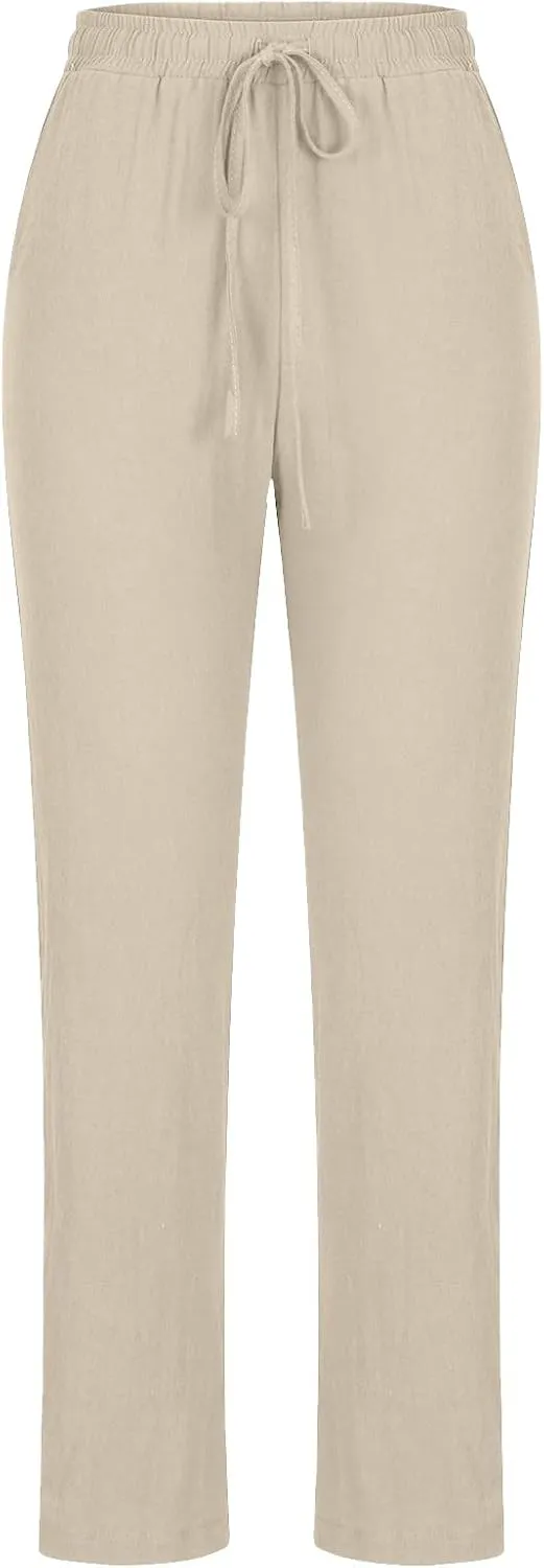 FZYLQY Womens Casual Cotton Linen Pants Lightweight Summer Relax Fit Elastic Waist Pants Plus Size Solid Lounge Trousers