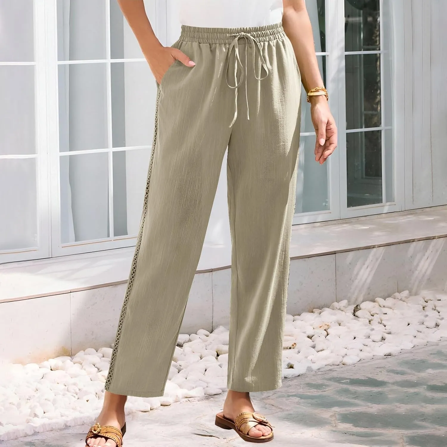 FZYLQY Women's Cotton Linen Pants Straight Leg Elastic Drawstring Casual Trousers with Pockets Summer Beach Lounge Pants
