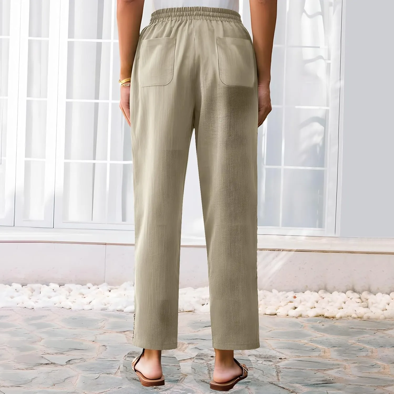 FZYLQY Women's Cotton Linen Pants Straight Leg Elastic Drawstring Casual Trousers with Pockets Summer Beach Lounge Pants