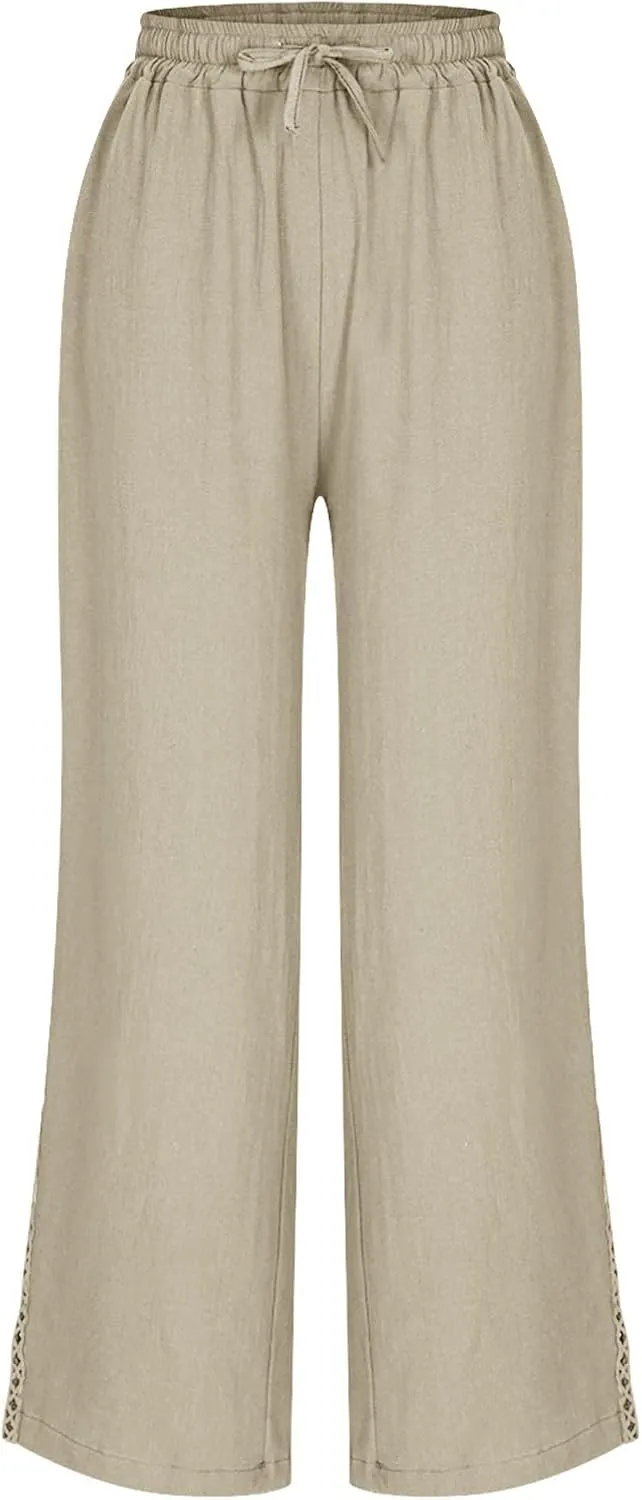 FZYLQY Women's Cotton Linen Pants Straight Leg Elastic Drawstring Casual Trousers with Pockets Summer Beach Lounge Pants