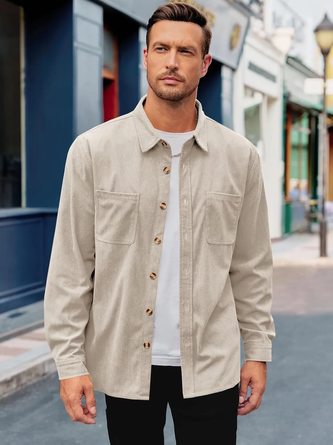 Gafeng Men's Casual Button Down Shirts Corduroy Long Sleeve Regular Fit Shacket Jacket with Flap Pocket