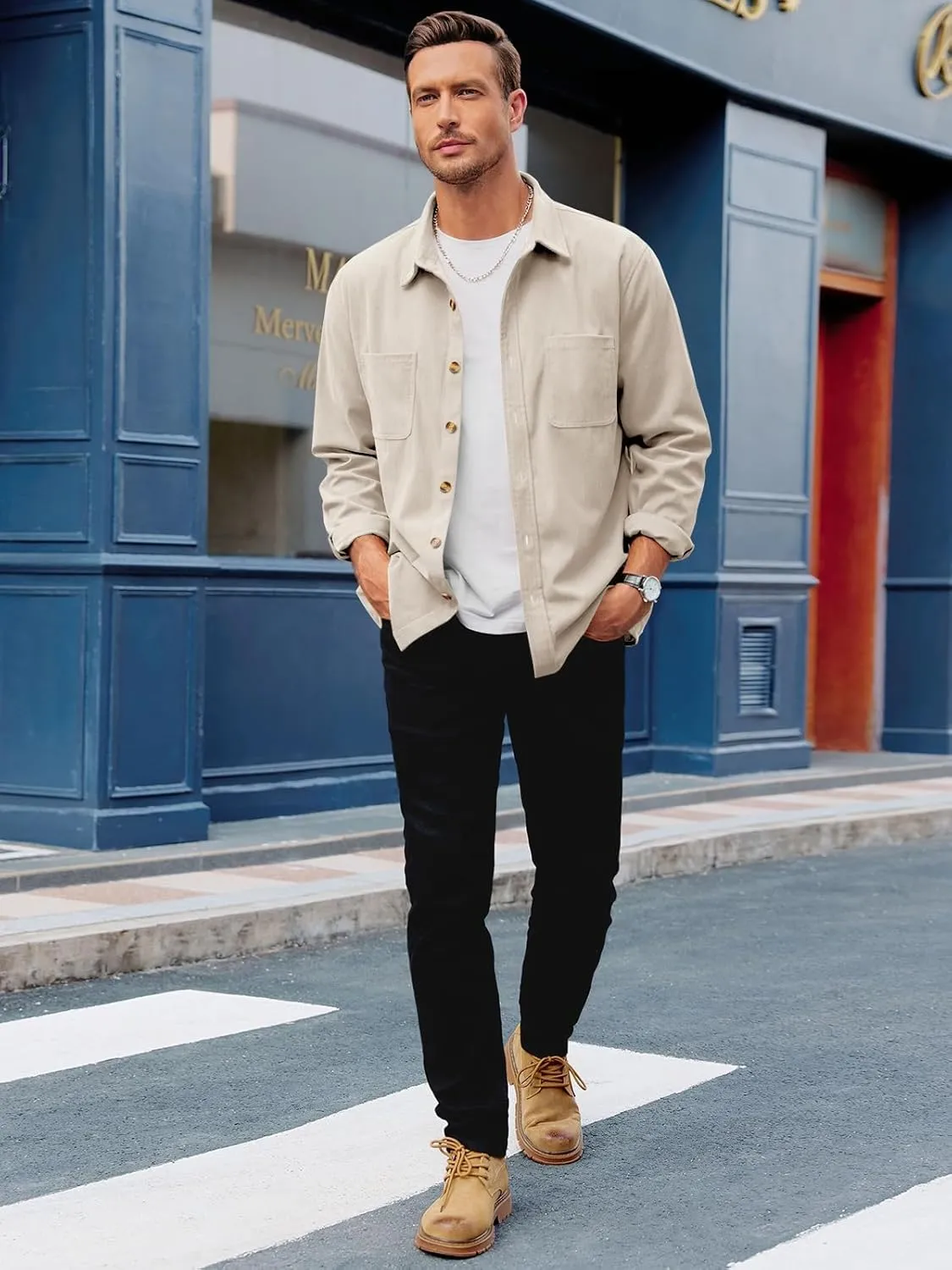 Gafeng Men's Casual Button Down Shirts Corduroy Long Sleeve Regular Fit Shacket Jacket with Flap Pocket