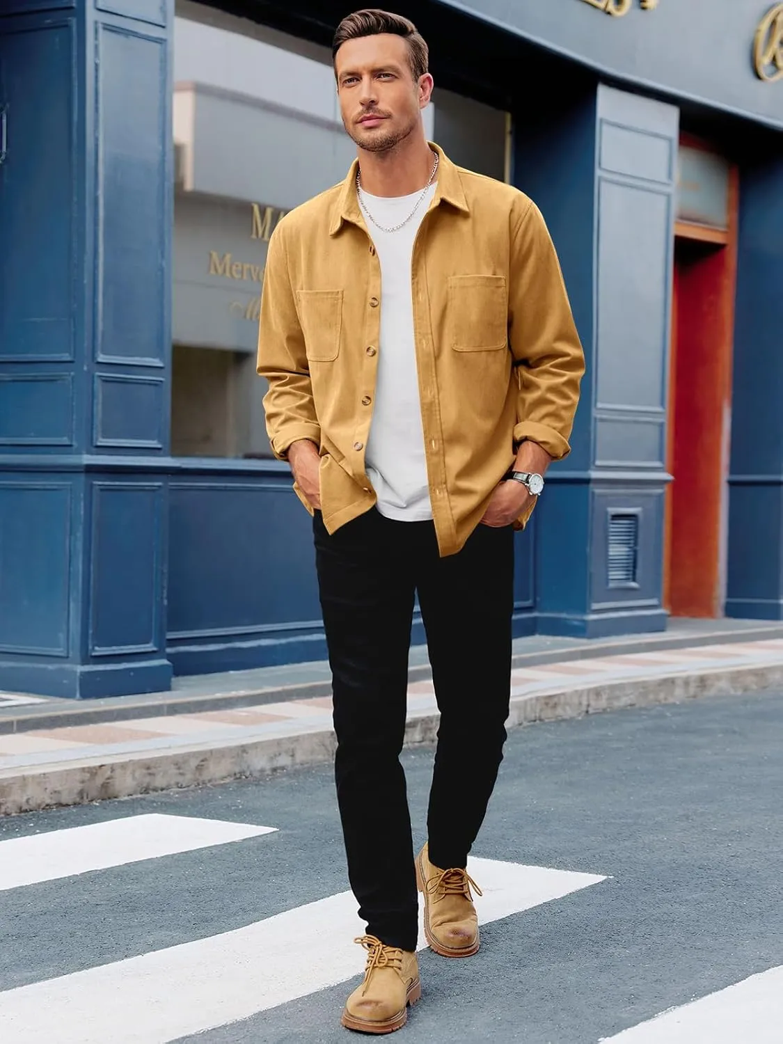 Gafeng Men's Casual Button Down Shirts Corduroy Long Sleeve Regular Fit Shacket Jacket with Flap Pocket