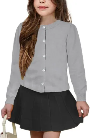 Girls' Cardigan Sweater [Cute Petal Buttons] Cotton Long Sleeve Crewneck Uniform Sweater for 5-14 Years Girls