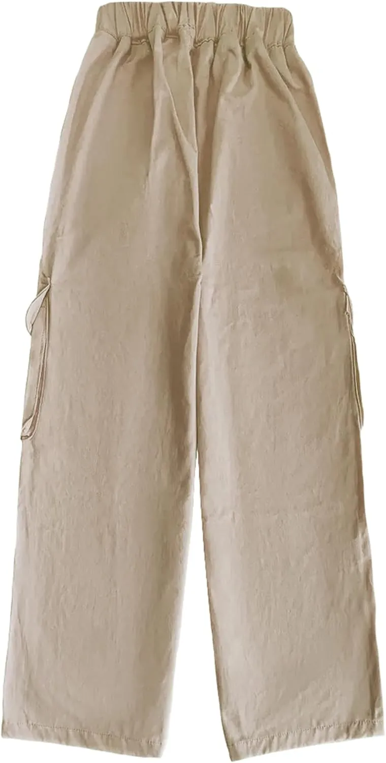 Girl's Elastic High Waist Cargo Pants Wide Leg Trousers with Flap Pocket, 3-14 Years