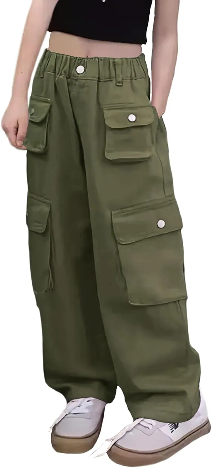Girl's Elastic High Waist Cargo Pants Wide Leg Trousers with Flap Pocket, 3-14 Years