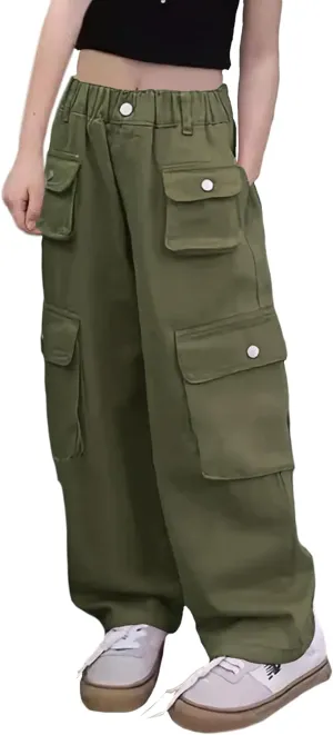 Girl's Elastic High Waist Cargo Pants Wide Leg Trousers with Flap Pocket, 3-14 Years
