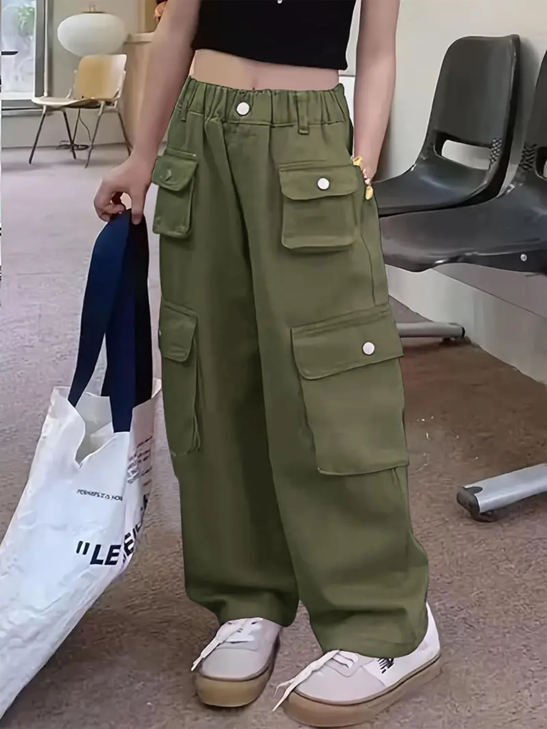 Girl's Elastic High Waist Cargo Pants Wide Leg Trousers with Flap Pocket, 3-14 Years