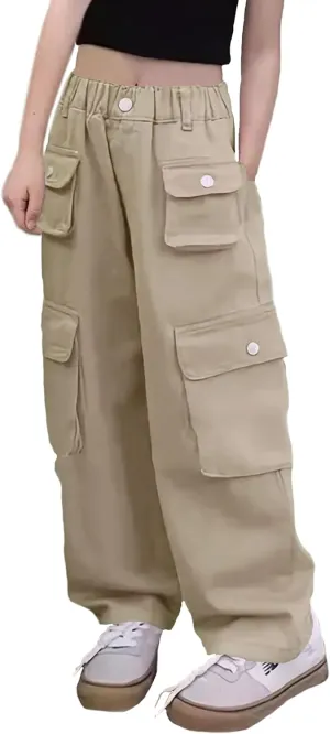 Girl's Elastic High Waist Cargo Pants Wide Leg Trousers with Flap Pocket, 3-14 Years