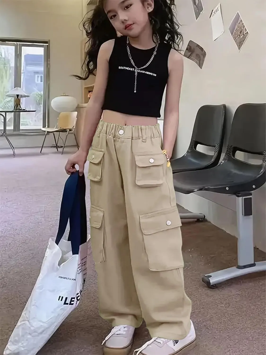 Girl's Elastic High Waist Cargo Pants Wide Leg Trousers with Flap Pocket, 3-14 Years