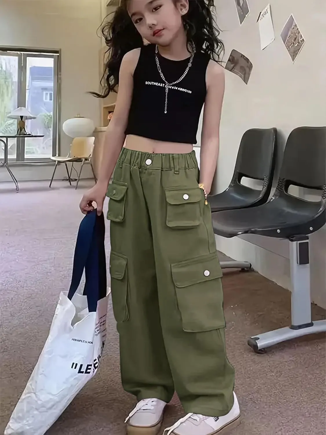 Girl's Elastic High Waist Cargo Pants Wide Leg Trousers with Flap Pocket, 3-14 Years