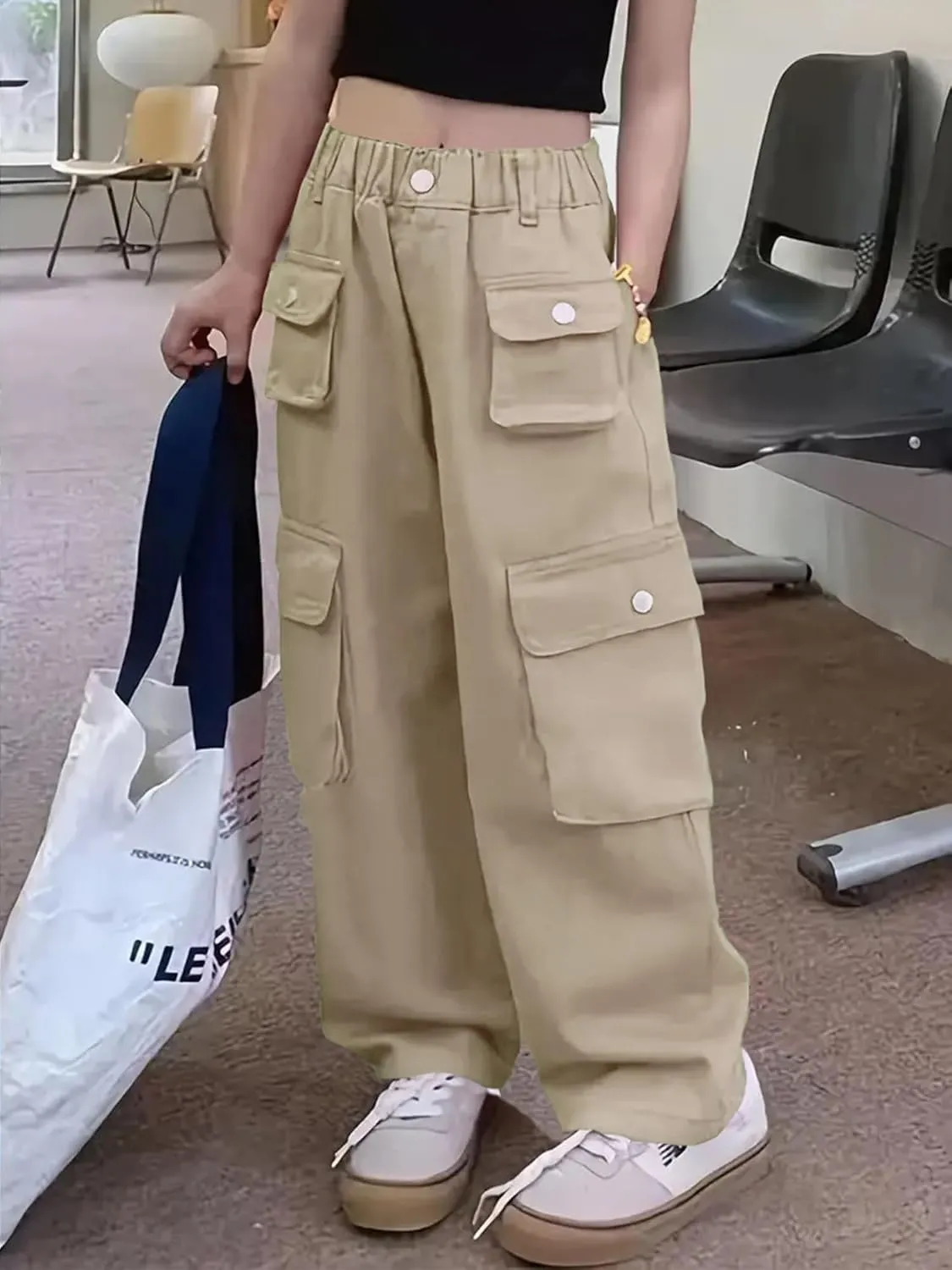 Girl's Elastic High Waist Cargo Pants Wide Leg Trousers with Flap Pocket, 3-14 Years