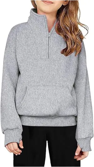 Girls Half Zip Pullover Cropped Fleece Sweatshirts with Thumb Hole Hoodies Kids Fall Winter Preppy Clothes