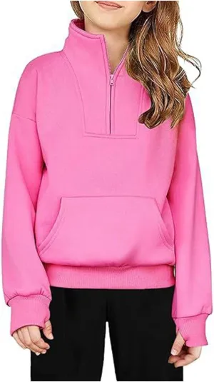 Girls Half Zip Pullover Cropped Fleece Sweatshirts with Thumb Hole Hoodies Kids Fall Winter Preppy Clothes