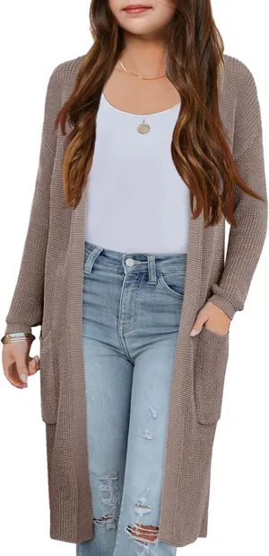 Girl's Open Front Cardigan Long Sleeve Knit Sweaters Lightweight Summer Solid Loose Outerwear Coats with Pockets